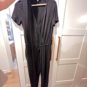 Lulu's Black Short-Sleeve Wrap Front Jumpsuit